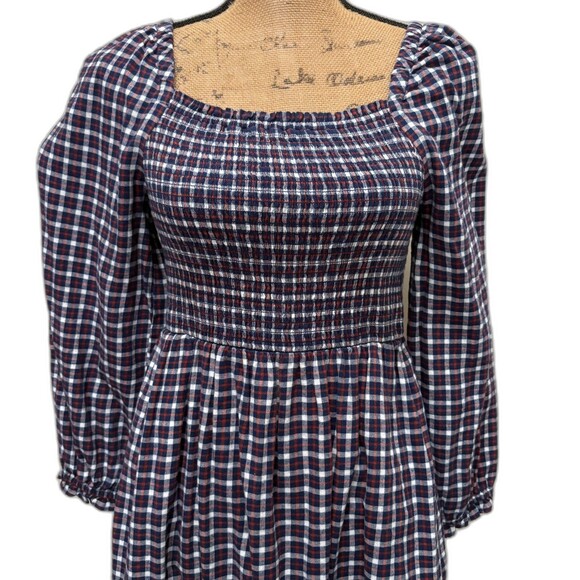 NWT J. Crew Flannel Smocked Square Neck Dress Red Blue Plaid Size Medium Petite - Picture 3 of 7